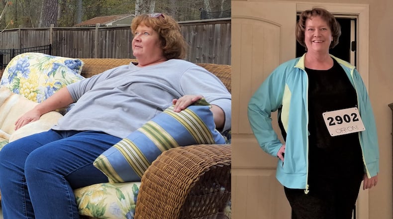 In the photo on the left, taken in 2015, Gina Gross weighed 340 pounds. In the photo on the right, taken in February, she weighed 260 pounds. (All photos contributed by Gina Gross)