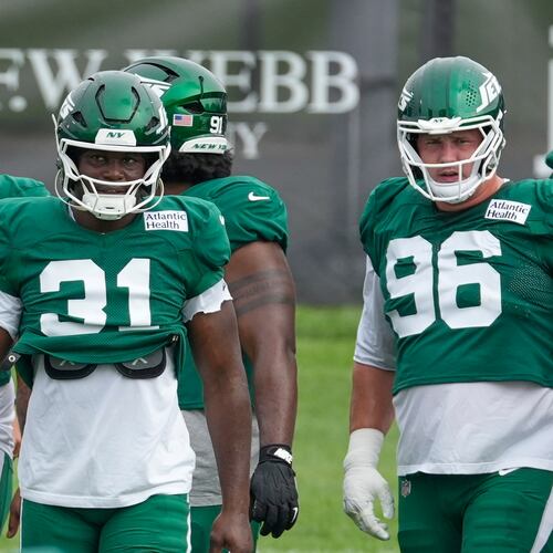 New York Jets' David Bailey (31) participates during a joint practice with the Tampa Bay Buccaneers at an NFL football training camp in Florham Park, N.J., Tuesday, Aug. 11, 2026. (AP Photo/Seth Wenig)