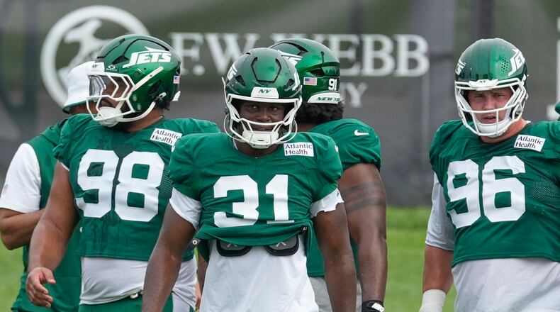 New York Jets' David Bailey (31) participates during a joint practice with the Tampa Bay Buccaneers at an NFL football training camp in Florham Park, N.J., Tuesday, Aug. 11, 2026. (AP Photo/Seth Wenig)