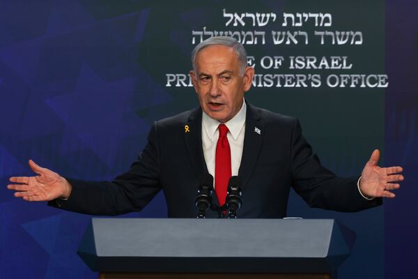 Israeli Prime Minister Benjamin Netanyahu speaks during a press conference in Jerusalem, Wednesday, May 21, 2025. (Ronen Zvulun/Pool Photo via AP)