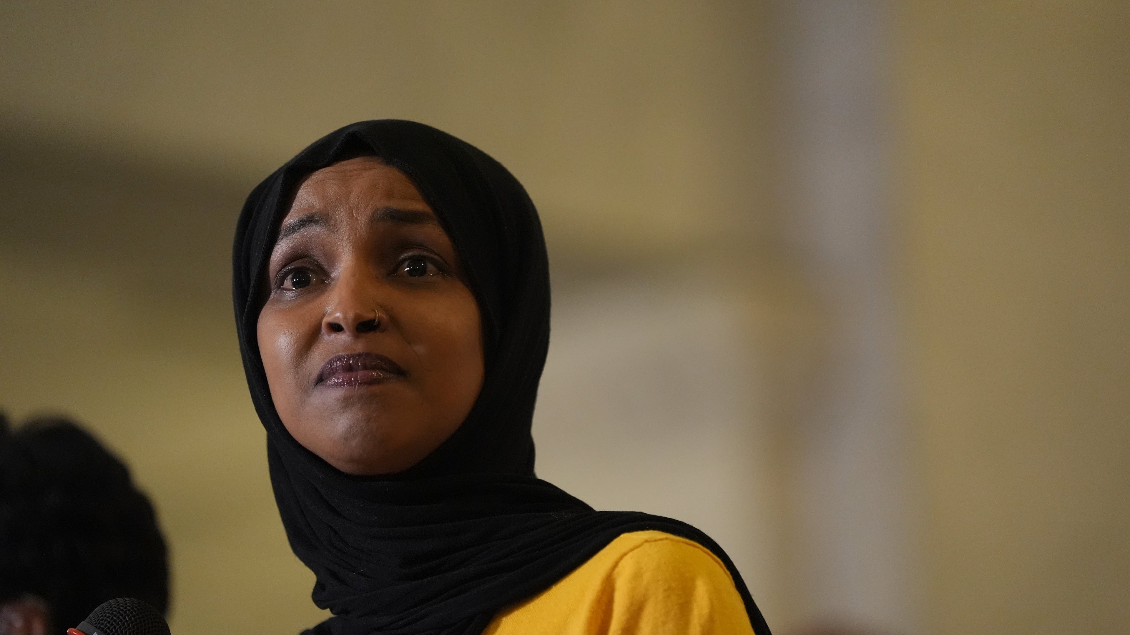 Rep. Ilhan Omar, D-Minn., speaks during a news conference in Minneapolis City Hall, Thursday, Aug. 28, 2025, in Minneapolis. (AP Photo/Abbie Parr)