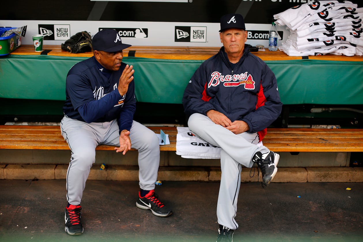 Braves bench coach Terry Pendleton (left) manager Brian Snitker will be join the Georgia Sports Hall of Fame in February. (Gene J. Puskar/AP)