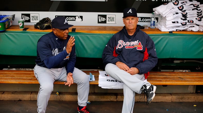 Braves bench coach Terry Pendleton (left) manager Brian Snitker will be join the Georgia Sports Hall of Fame in February. (Gene J. Puskar/AP)