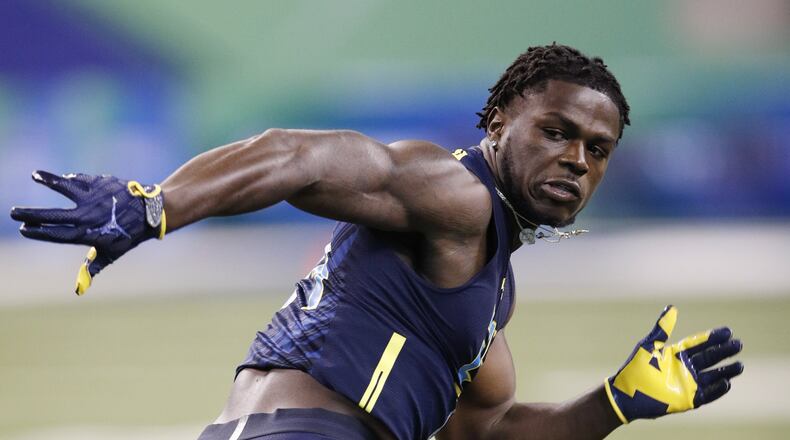 INDIANAPOLIS, IN - MARCH 06: Defensive back Jabrill Peppers of Michigan participates in a drill during day six of the NFL Combine at Lucas Oil Stadium on March 6, 2017 in Indianapolis, Indiana. (Photo by Joe Robbins/Getty Images)