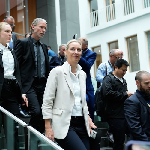 Co-leader of Alternative for Germany party, or AfD, Alice Weidel, leaves for a press conference in Berlin, Germany, Monday, Sept. 7, 2026. (AP Photo/Ebrahim Noroozi)