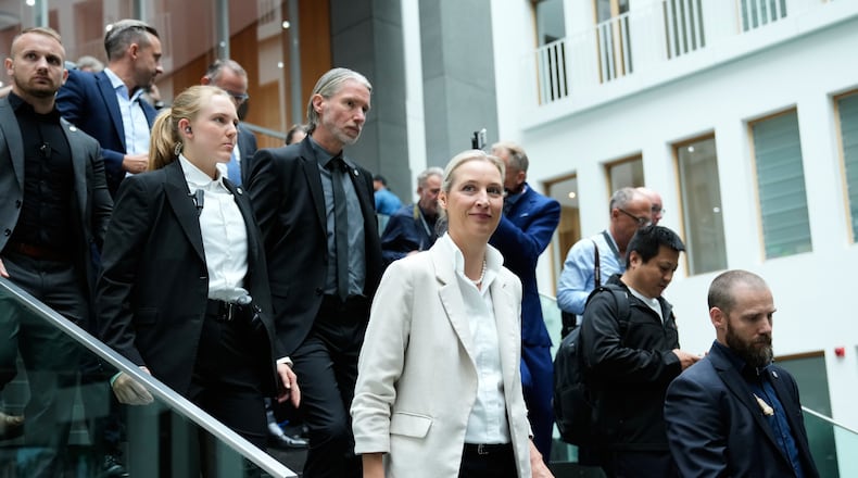 Co-leader of Alternative for Germany party, or AfD, Alice Weidel, leaves for a press conference in Berlin, Germany, Monday, Sept. 7, 2026. (AP Photo/Ebrahim Noroozi)