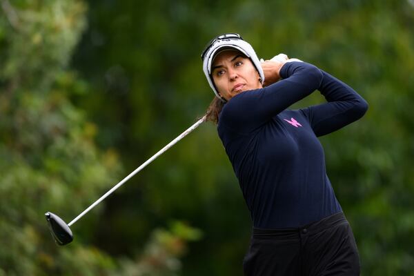 Paula Reto hits from the fifth tee during the first round of the LPGA's JM Eagle LA Championship golf tournament at El Caballero Country Club Thursday, April 17, 2025, in Los Angeles. (AP Photo/William Liang)