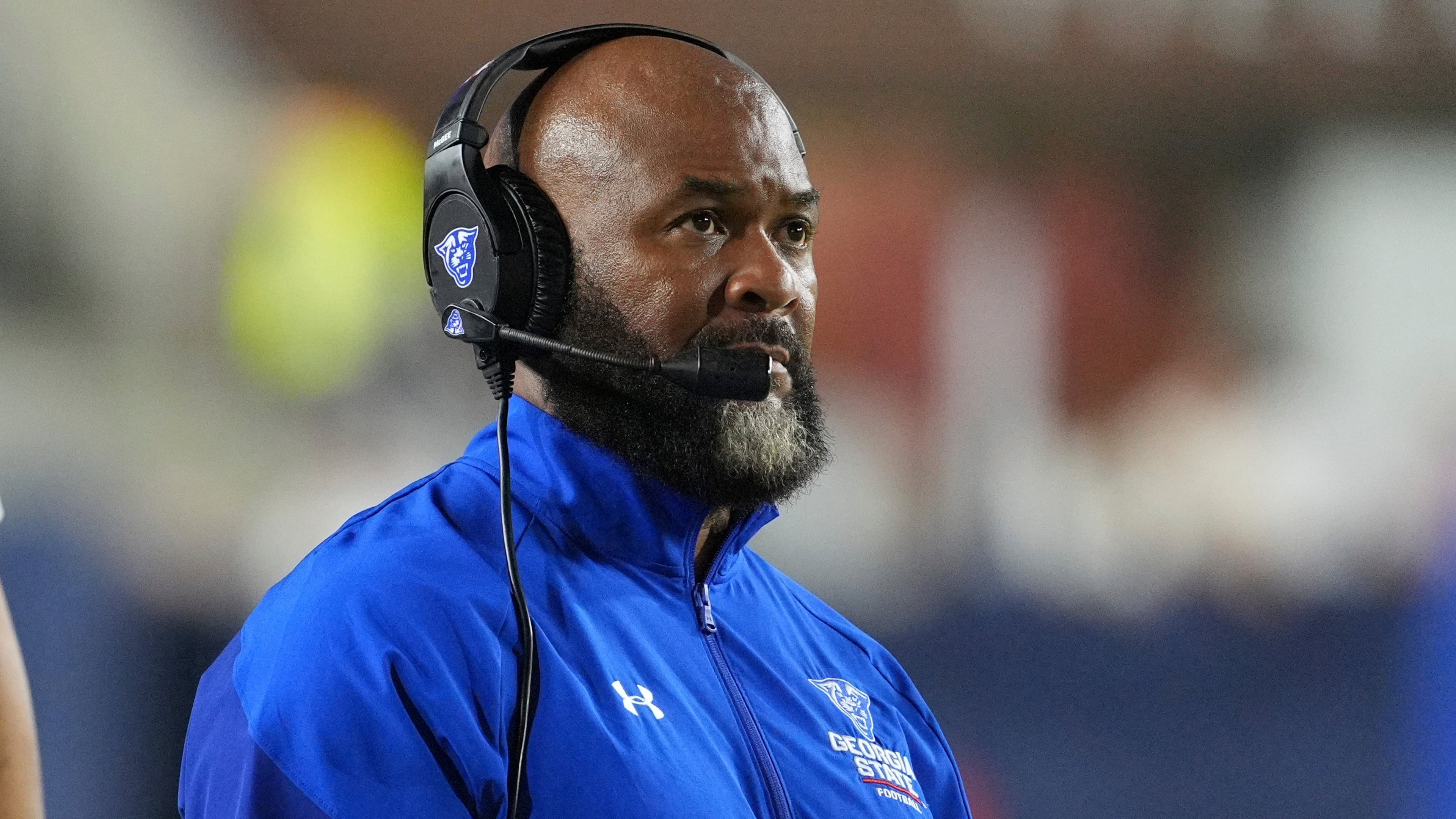 Georgia State head coach Dell McGee watches his team during the second half of an NCAA college football game against Mississippi in Oxford, Miss., Saturday, Aug. 30, 2025. (Rogelio V. Solis/AP)