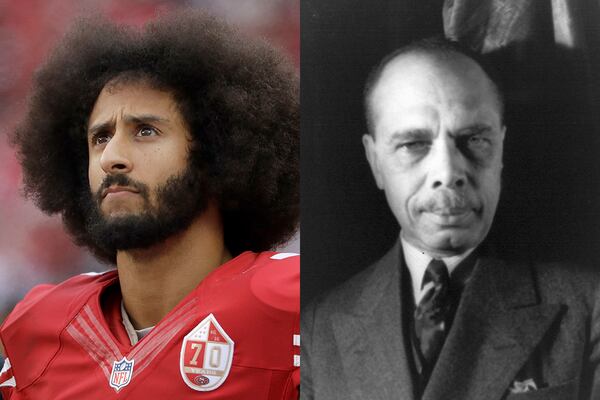 Former San Francisco 49ers quarterback Colin Kaepernick in 2016 and writer/educator James Weldon Johnson in 1932. (Marcio Jose Sanchez/AP file; Library of Congress, Prints & Photographs Division, Carl Van Vechten Collection)