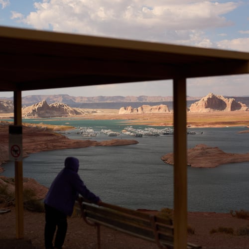 FILE - A person stands at an overlook near the Wahweap Marina on Lake Powell at the Glen Canyon National Recreation Area, July 15, 2026, near Page, Ariz. (AP Photo/John Locher, File)