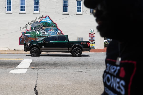 Campaign volunteers for Republican Gubernatorial Candidate Burt Jones walk through downtown in Jones’ hometown, Jackson, on Saturday, June 6, 2026. (Abbey Cutrer/AJC)