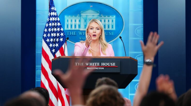 White House press secretary Karoline Leavitt speaks with reporters in the James Brady Press Briefing Room at the White House, Thursday, July 16, 2026, in Washington. (AP Photo/Julia Demaree Nikhinson)