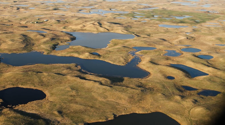 An aerial view shows shallow lakes and ponds in part of North America's vast Prairie Pothole Region. Cox Enterprises recently donated $100 million to Ducks Unlimited to support conservation in the areas.