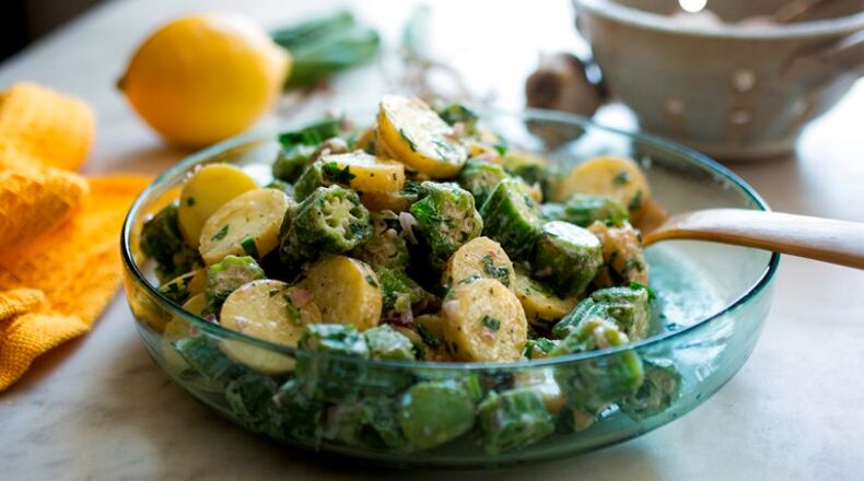 Okra and potato salad, a creamy potato salad with a garlicky Mediterranean accent, in New York, Aug. 2015. Cooked okra’s tangy flavor and sturdy texture play beautifully against the nutty and soft potatoes.