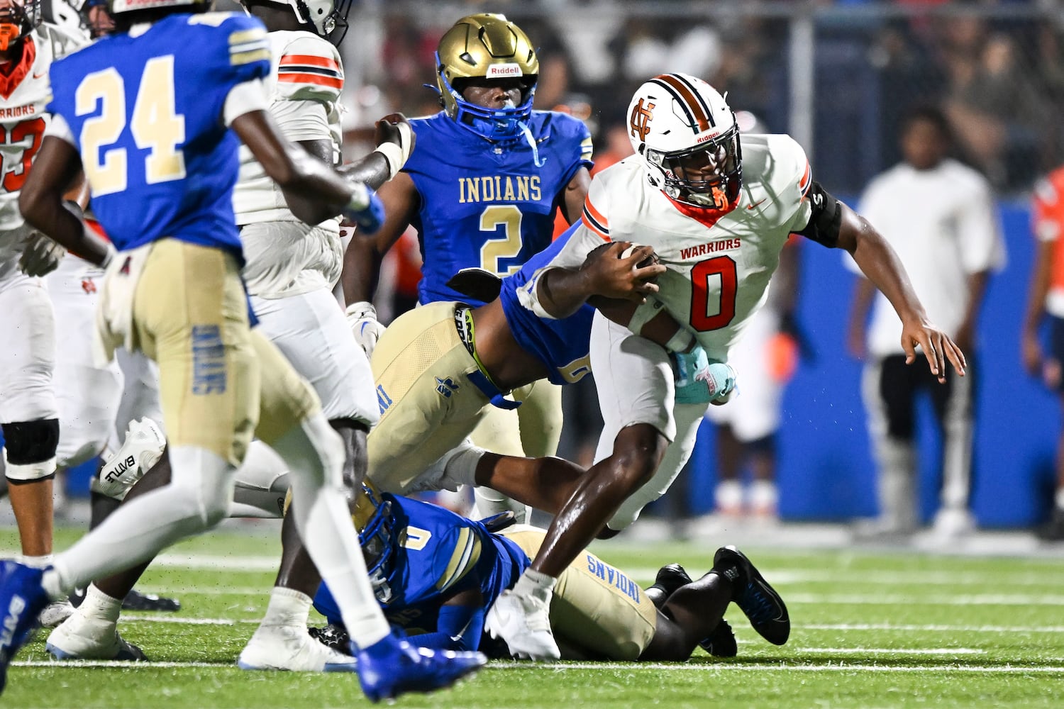 North Cobb running back Arquevious Echols (0) is stopped by the McEachern defense late in the second half of play Friday, August 22, 2025 at McEachern.  (Daniel Varnado/For the Atlanta Journal-Constitution)