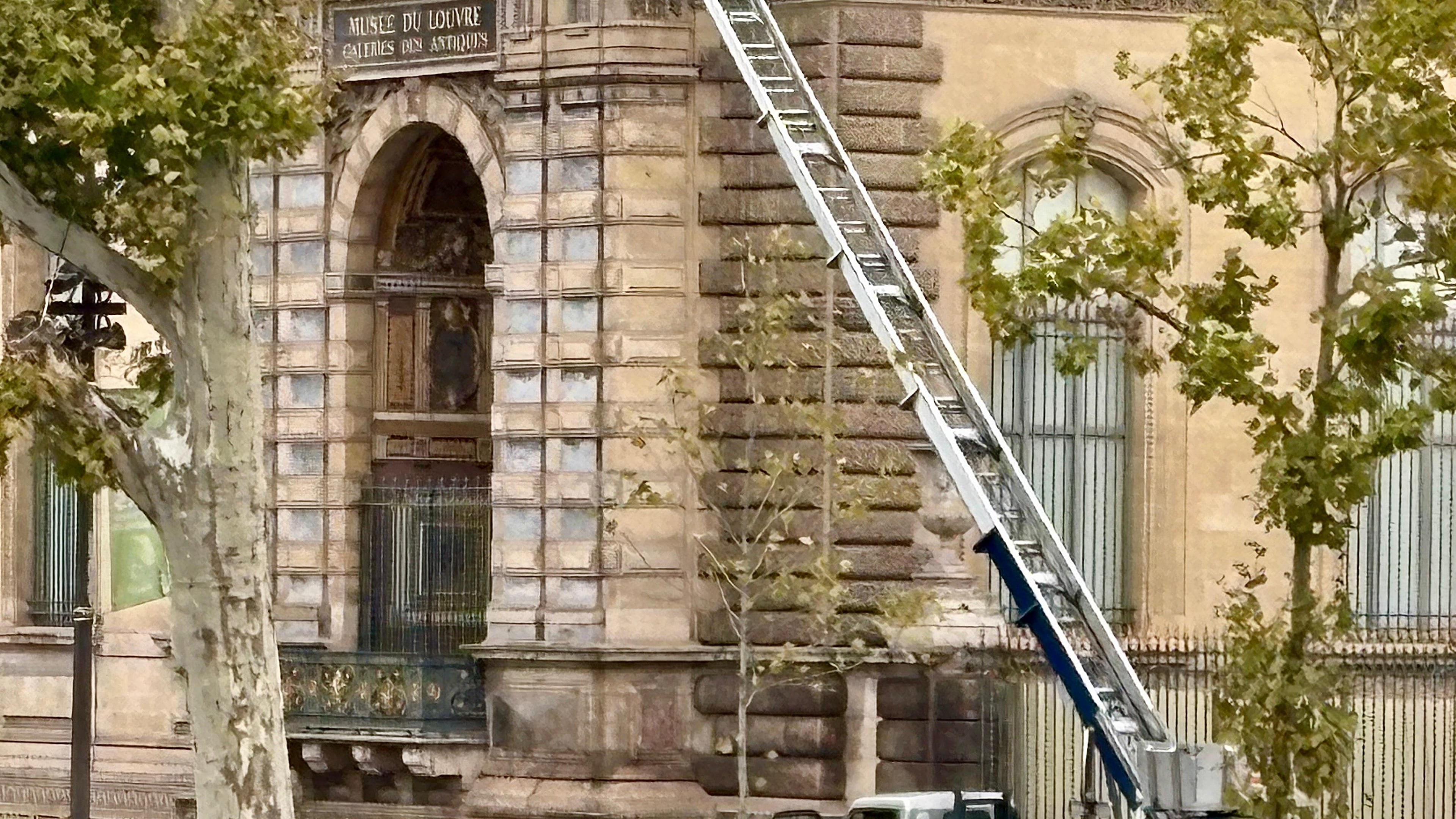 A basket lift used by thieves is seen at the Louvre museum Sunday Oct.19, 2025 in Paris. (AP Photo/Alexander Turnbull)