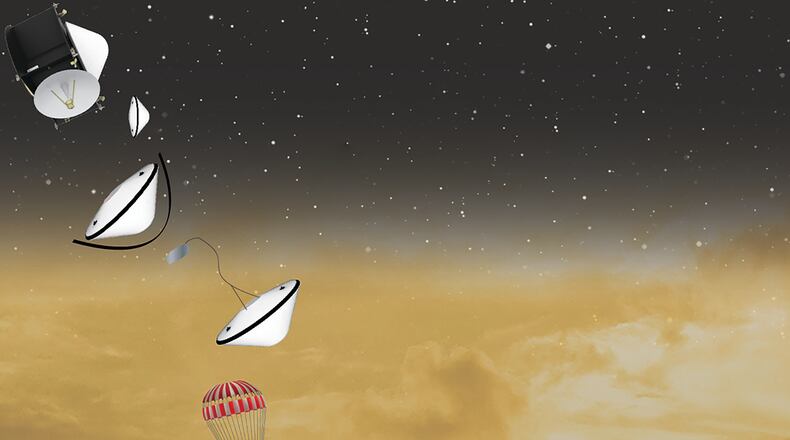 An image provided by NASA/GSFC shows an artist’s depiction of the NASA DAVINCI+ probe descending in stages to Venus’ surface. On Wednesday, Bill Nelson, the NASA administrator, announced the agency’s latest choices for robotic planetary missions, both expected to head to Venus in coming years: DAVINCI+ and VERITAS. (NASA/GSFC via The New York Times)