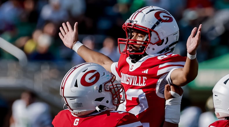 Gainesville kicker Dwayne Carter III (right) celebrates his field goal with Ethan Aguirre during the first half against host Buford on Saturday, Aug. 22, 2026. Carter converted both of his field goal attempts in the 39-19 loss to the Wolves. (Erik S. Lesser for the AJC)