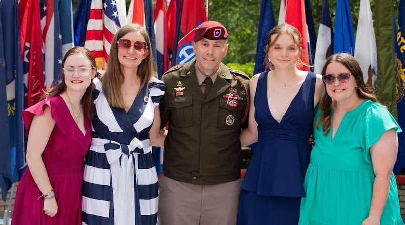 When Jason Williams was promoted to Brigadier General in the 82nd Airborne Division of the Army in May, his wife Shelley and three daughters were there to support him. Courtesy of Shelley Williams