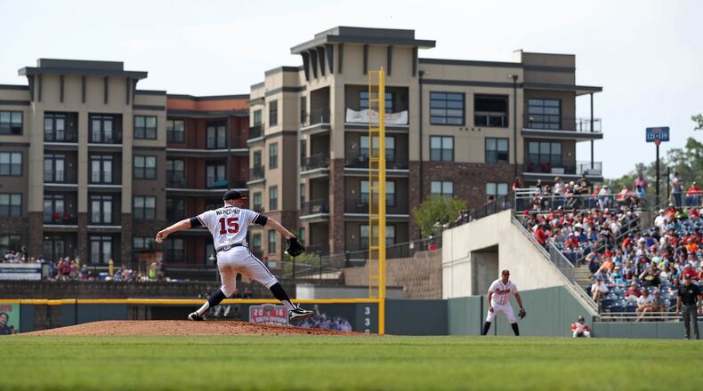 Then-Gwinnett Braves pitcher Sean Newcomb delivers a pitch to a Toledo Mud Hens batter during their game at Coolray Field on Thursday, May 11, 2017. PHOTO / JASON GETZ