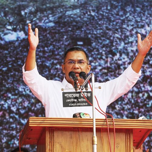Tarique Rahman, the son of former Prime Minister Khaleda Zia and chairman of the Bangladesh Nationalist Party (BNP), addresses a campaign rally ahead of next month's national elections, in Sylhet, Bangladesh, Thursday, Jan. 22, 2026. (AP Photo/Anis Mahmud)