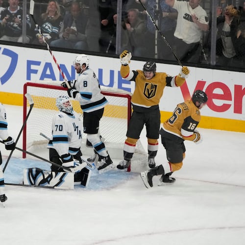 Vegas Golden Knights right wing Pavel Dorofeyev (16) celebrates after scoring against Utah Mammoth goaltender Karel Vejmelka (70) during the third period of Game 5 of a first-round NHL hockey Stanley Cup playoff series Wednesday, April 29, 2026, in Las Vegas. (AP Photo/John Locher)