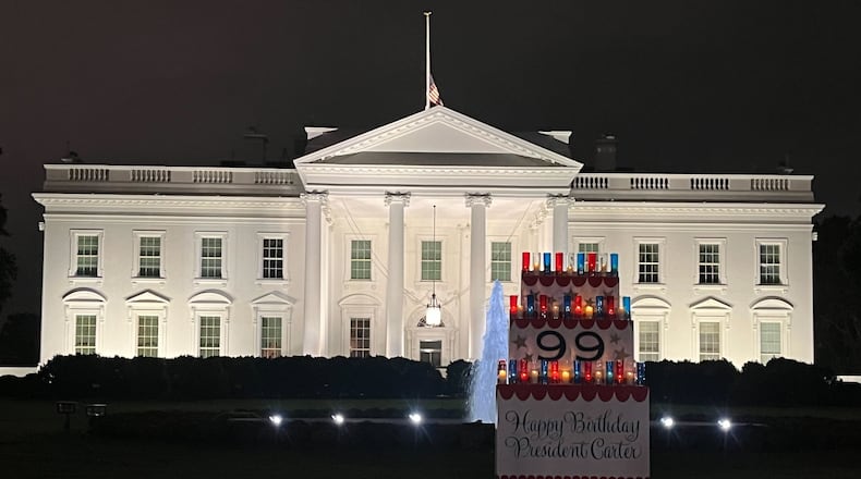 The display on the White House north lawn was put up Friday for former President Jimmy Carter, whose 99th birthday is Sunday, Oct. 1. (Tia Mitchell / tia.mitchell@ajc.com)