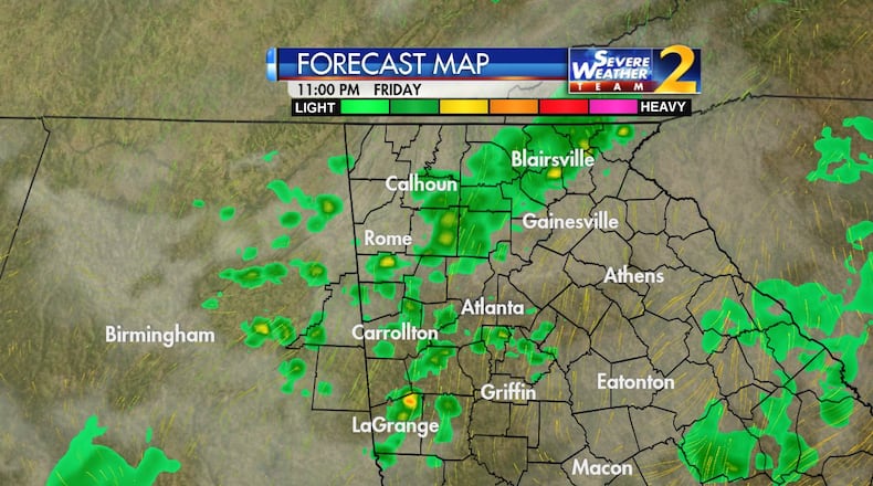 Rain is expected to continue Friday night, Channel 2 Action News meteorologist Katie Walls said.