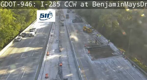 A view from the Georgia Department of Transportation camera of I-285 near Benjamin E. Mays Drive shows construction work on the morning of Saturday, May 16, 2026. (GDOT)