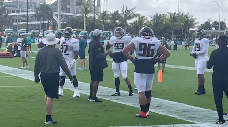 Falcons defensive tackle Tyeler Davison warming up before the joint practice with the Dolphins on Wednesday. (By D. Orlando Ledbetter/dledbetter@ajc.com)