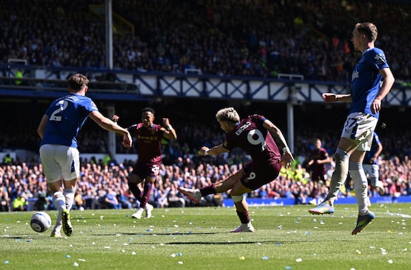 Ipswich Town's Julio Enciso shoots towards goal, during the English Premier League soccer match between Everton and Ipswich Town, at Goodison Park, in Liverpool, England, Saturday May 3, 2025. (Cody Froggatt/PA via AP)