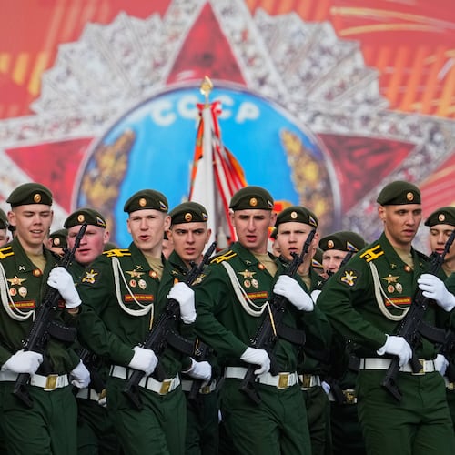 Troops march during a rehearsal for the Victory Day military parade at the Dvortsovaya (Palace) Square in St. Petersburg, Russia, Tuesday, May 5, 2026. (AP Photo/Dmitri Lovetsky)