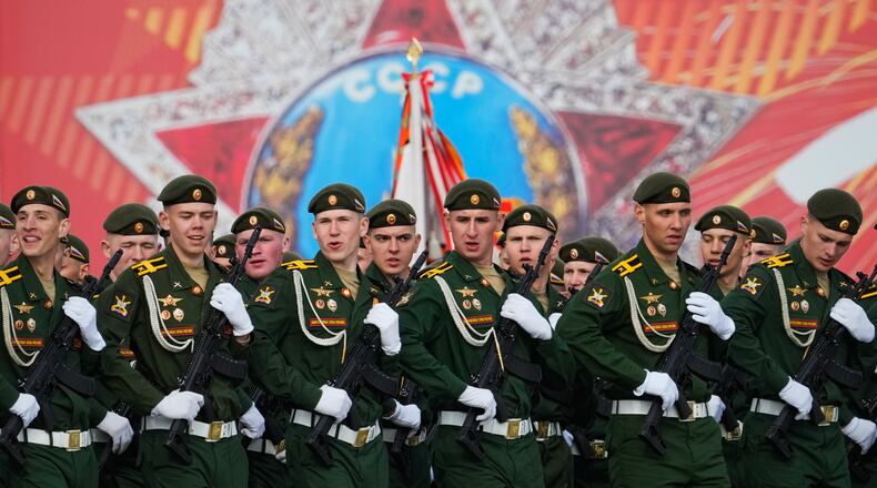 Troops march during a rehearsal for the Victory Day military parade at the Dvortsovaya (Palace) Square in St. Petersburg, Russia, Tuesday, May 5, 2026. (AP Photo/Dmitri Lovetsky)