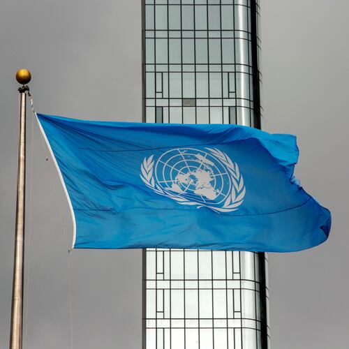FILE - The UN flag flies on a stormy day at the United Nations during the United Nations General Assembly, Sept. 22, 2022. (AP Photo/Ted Shaffrey, File)
