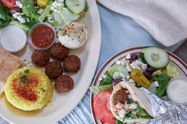 The falafel plate (left) and falafel wrap at Mediterranean Grill have used the same falafel recipe since its inception in 2001. (Natrice Miller/AJC)