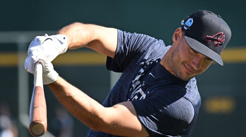 First baseman Matt Olson leads the Braves with five home runs in 28 at-bats this spring. He has a ridiculous 1.520 OPS in this miniature sample size. He’s hitting .429 and slugging 1.036. He has two doubles and 11 RBIs. (Hyosub Shin file photo / Hyosub.Shin@ajc.com)