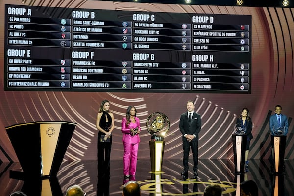 FILE - Presenter Samantha Johnson speaks on stage during the draw for the 2025 FIFA Club World Cup soccer tournament, Thursday, Dec. 5, 2024, in Miami. (AP Photo/Rebecca Blackwell, File)