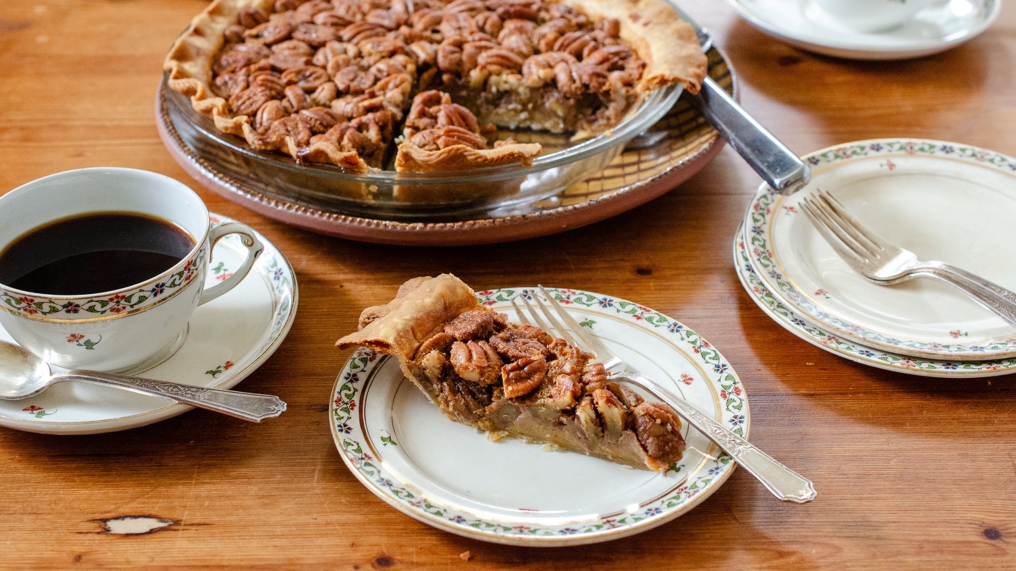 Buttermilk Pecan Pie showcases the rich flavor of freshly harvested pecans in a not-too-sweet custard. (Virginia Willis for the AJC)