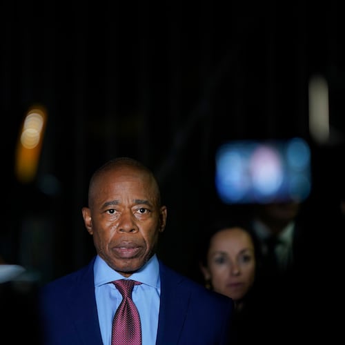 FILE - New York City Mayor Eric Adams talks to the press in front of the Basilica of Our Lady of Guadalupe, Oct. 4, 2023, in Mexico City. (AP Photo/Eduardo Verdugo, File)