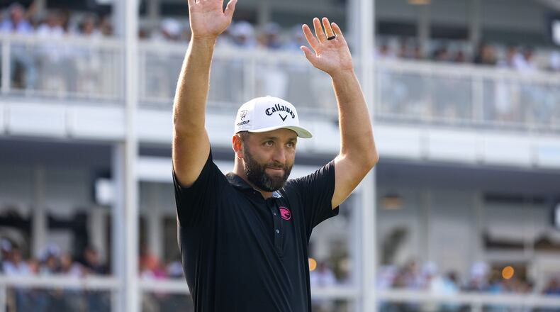 First-place individual champion captain Jon Rahm, of Legion XIII, celebrates on the 18th green after the final round of LIV Golf Mexico City at Club de Golf Chapultepec, Sunday, April 19, 2026, in Naucalpan, Mexico. (Jon Ferrey/LIV Golf via AP)