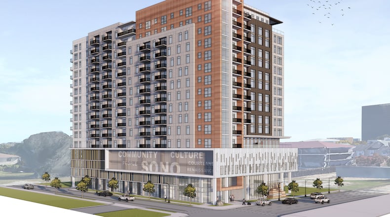 A luxury apartment tower is planned near the former Peachtree-Pine homeless shelter. (Source: Woodfield Development)