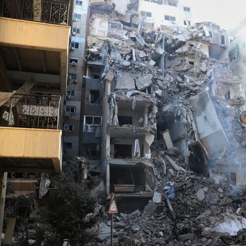 A destroyed building hit in an Israeli airstrike in the southern port city of Tyre, Lebanon, Thursday, May 28, 2026. (AP Photo)