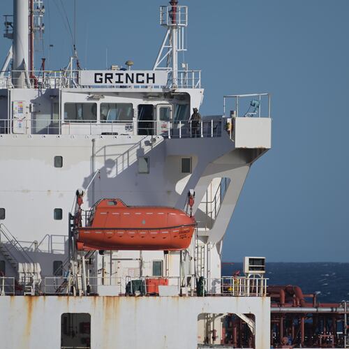 In this photo, provided by the French Army on Thursday, Jan 22, 2026, an oil tanker in the Mediterranean Sea that traveled from Russia, is pictured after being intercepted by France's Navy. (French Military via AP)