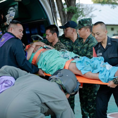 In this photo released by Royal Thai Army, a wounded Thai soldier is carried to be transferred to a hospital in Sisaket province, Thailand, Sunday, Dec. 7, 2025, after, according to a Thai army spokesperson, Cambodian troops fired into Thai territory. (Royal Thai Army via AP)