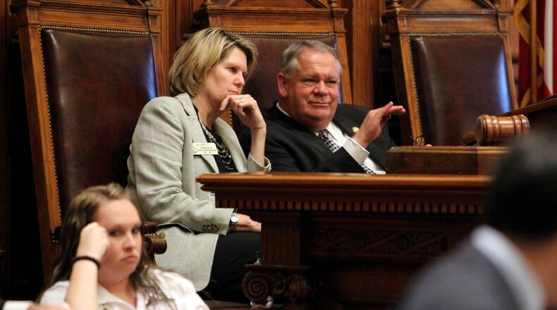 March 27, 2012 ATLANTA: Speaker Pro Tem, Rep. Jan Jones, R-Milton, left, talks with Speaker of the House, David Ralston, R-Blue Ridge, in the House Chambers Tuesday evening during Legislative Day 39 at the State Capitol in Atlanta, Ga., March 27, 2012. After weeks of emotional testimony in committees and the House and senate chambers, a bill to limit abortions to 20 weeks died an abrupt and unceremonious death Tuesday when House Speaker David Ralston announced he would not appoint a conference committee to work out differences between the House and Senate versions of the bill. Jason Getz jgetz@ajc.com