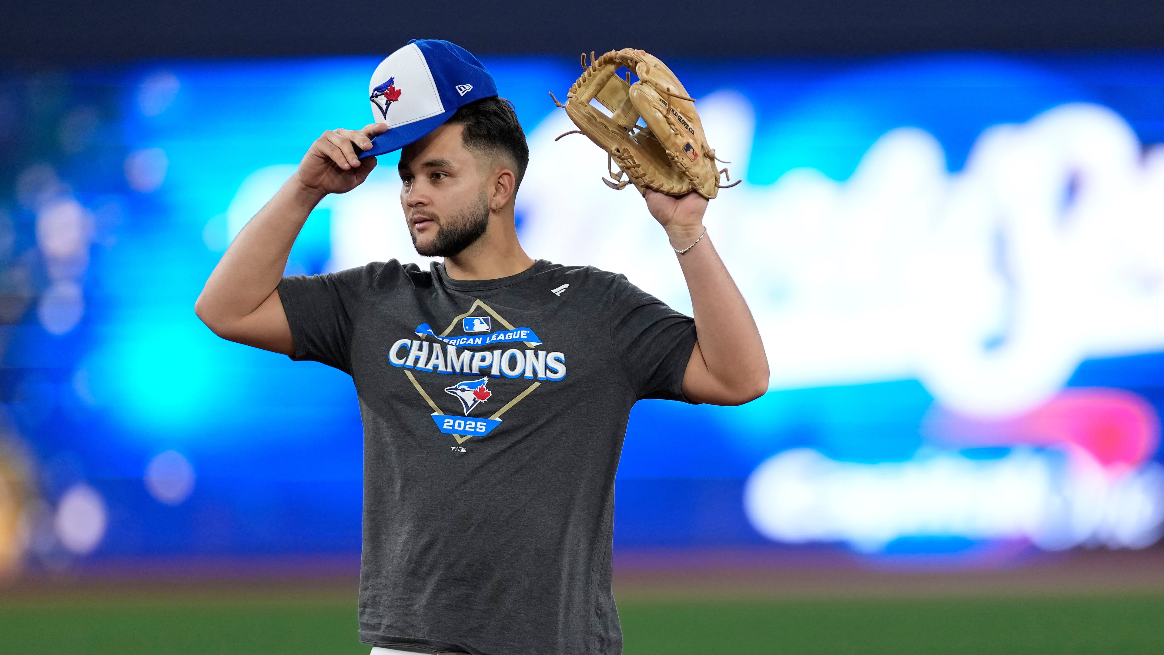 Toronto Blue Jays' Bo Bichette runs drills during a World Series baseball media day, Thursday, Oct. 23, 2025, in Toronto. The Toronto Blue Jays face the Los Angeles Dodgers in Game 1 on Friday. (AP Photo/David J. Phillip)