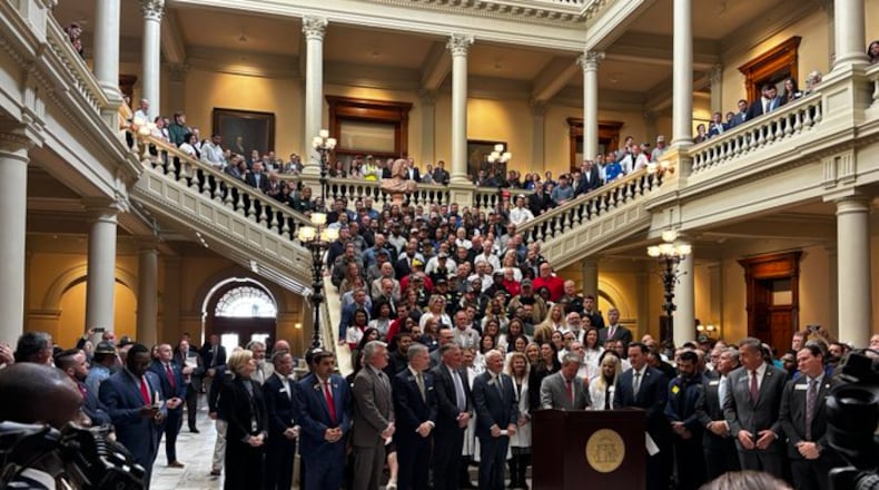 Gov. Brian Kemp unveiled a long-promised overhaul of the state legal system that he pledged would rein in rising insurance rates by curbing jury awards and limiting certain lawsuits at an event at the Capitol in Atlanta on Thursday, Jan. 30, 2025. (Greg Bluestein/AJC)