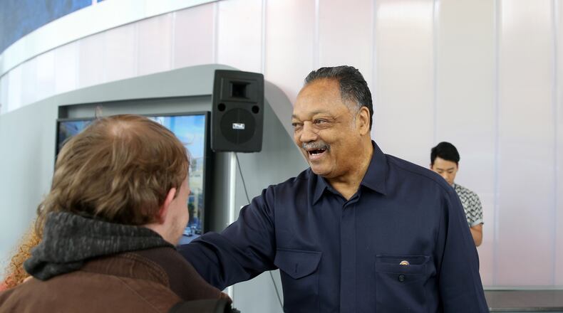 The Rev. Jesse Jackson greets students before a March event at the Georgia State University School of Film, Media & Theatre. Photo courtesy of GSU / JASON GETZ