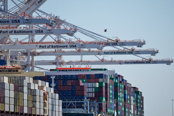 A bird flies near the container ships Epaminondas and Talos while they are docked at the Port of Baltimore, Wednesday, April 9, 2025, in Baltimore. (AP Photo/Stephanie Scarbrough)