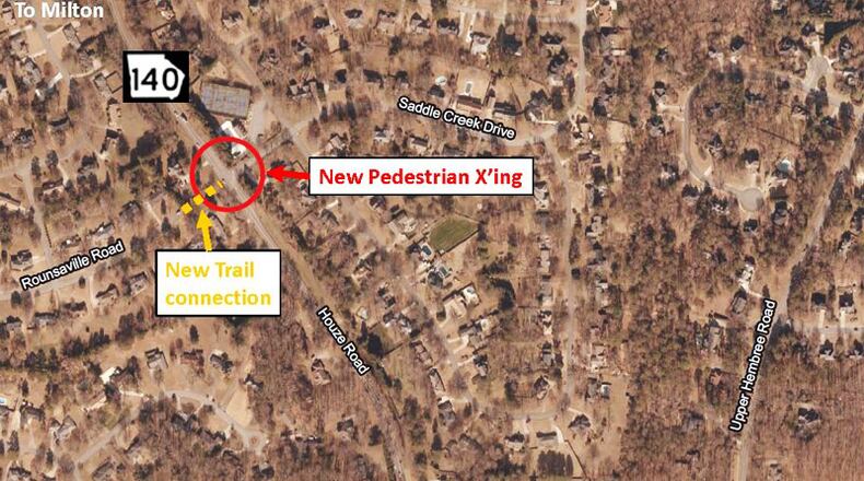 A new pedestrian crossing of Houze Road at Saddle Creek Drive in Roswell will officially open with a ribbon-cutting ceremony Tuesday, June 11. CITY OF ROSWELL